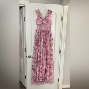 Floral Pink Sheer Maxi Dress, with leg slit boning on waist size small.